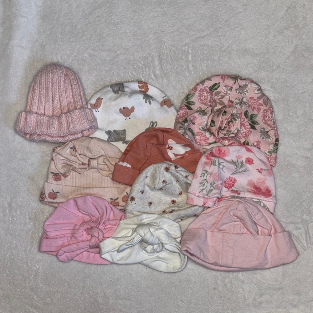 Baby Girls Pink & Floral Knot Beanie Hat Set
